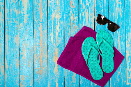 flip-flops on color wooden backgroundの写真素材