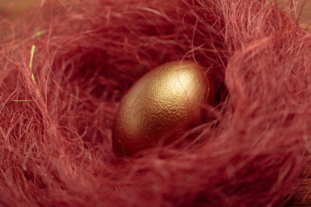 gold eggs on wooden tableの写真素材