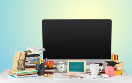 Workplace with modern desktop computer on tableの写真素材