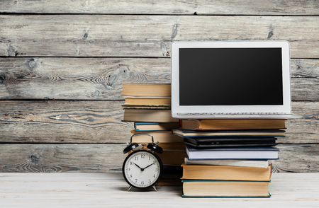 laptop on wooden tableの写真素材
