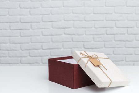 Gift boxes on white tableの写真素材