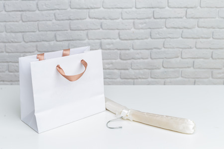 Shopping bags on tableの写真素材