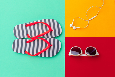 Summer holiday background, Beach accessories on color block background