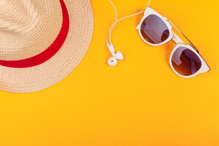 Beach Woman's Hat Sun Glasses Top Viewの写真素材