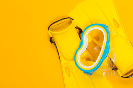 beach accessories on color background. Top view.の写真素材