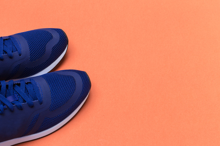 Blue sportive sneakers close up, fitness conceptの写真素材