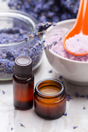 lavender body care products. Aromatherapy, spa and natural healthcare conceptの写真素材