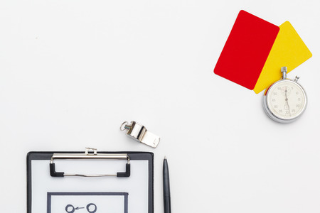 two penalty cards and a whistle for the refereeの写真素材