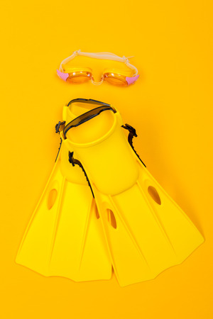 beach accessories on color background. Top view.の写真素材