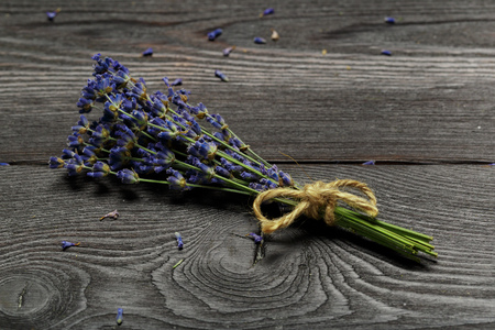 Bunch of dried lavender on wooden backgroundの写真素材