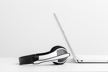 headset and computer laptop, call center supportの写真素材