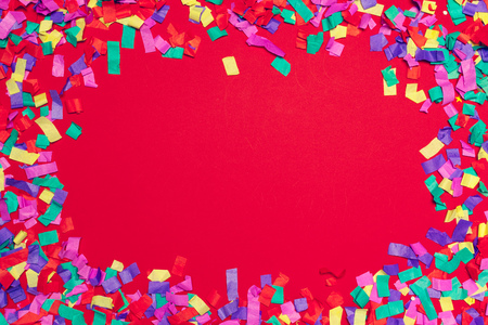 Festive party decor and confetti on pink backgroundの写真素材
