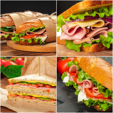 Collage of nutritious and colorful mouthwatering sandwichesの写真素材