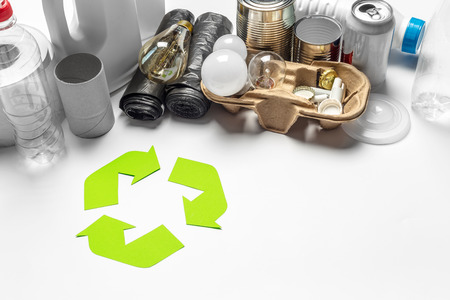 Eco concept with recycling symbol on table background top viewの写真素材
