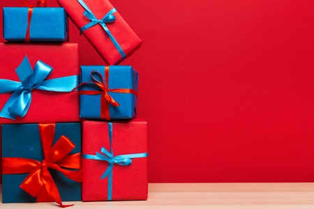 Christmas gift box on tabletの写真素材