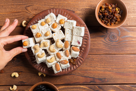 Turkish delight on a wooden table.の写真素材