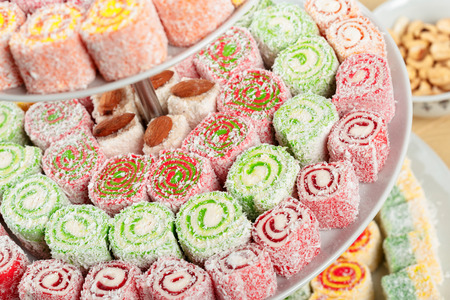 Turkish delight on a wooden table.の写真素材