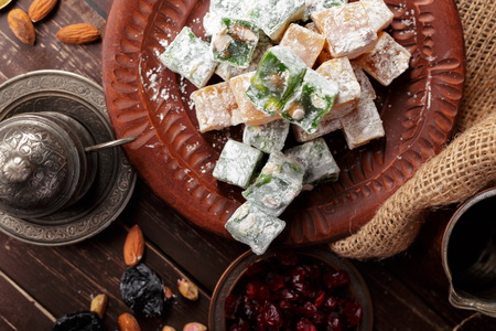 Turkish delight on a wooden table.の写真素材