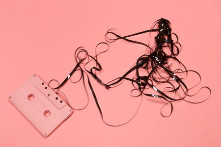 Retro cassette tapes on color backgroundの写真素材