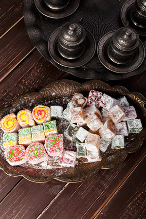 Turkish delight on a wooden table.の写真素材