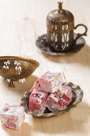 Turkish delight on a wooden table.の写真素材