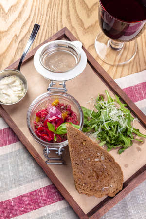 Steak Tartare with bread toastsの写真素材