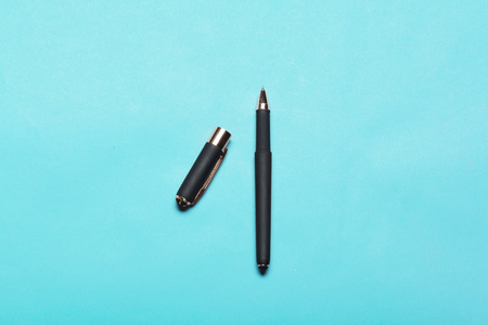 pencil on a blue table top view, office desktop, office suppliesの写真素材