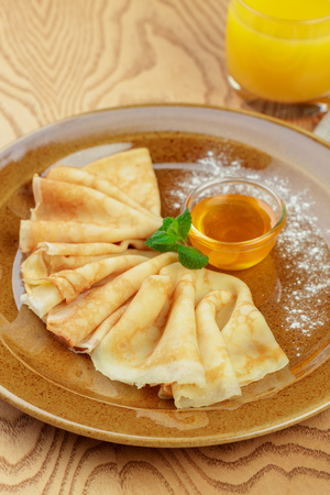 Russian pancakes healthy breakfast dish close upの写真素材