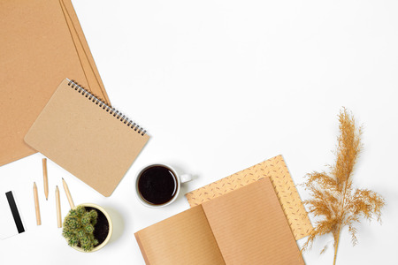 Blank office desk background with copy space for your text. Top view.