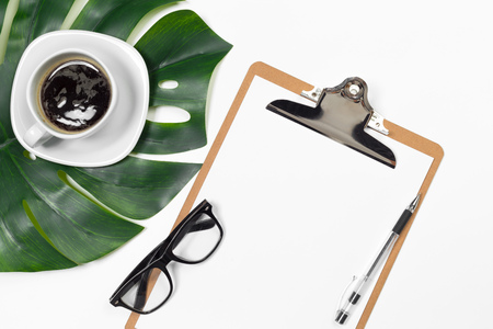 Blank office desk background with copy space for your text. Top view.の写真素材