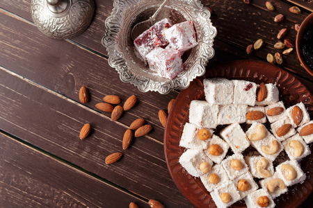 Turkish delight on a wooden table.