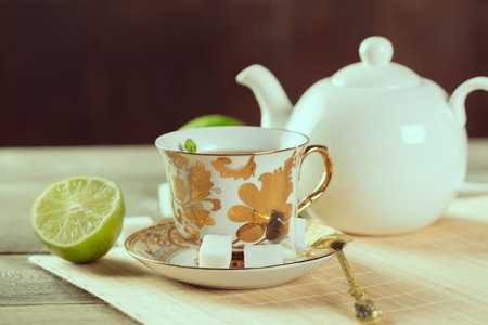 Cup of tea on wooden tableの写真素材