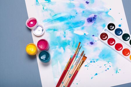 Top view of work process of watercolor paper padの写真素材