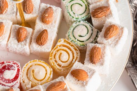 Turkish delight on a wooden tableの写真素材