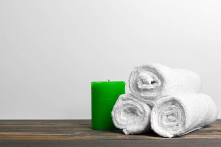 Beautiful spa composition on wooden table. Creative photo.の写真素材