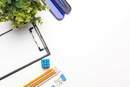 Home office workspace mockup with clipboard. Flat lay, top view. Template for blog, bloger, business