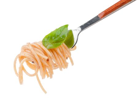 Bowl of spaghetti isolated on white backgroundの写真素材