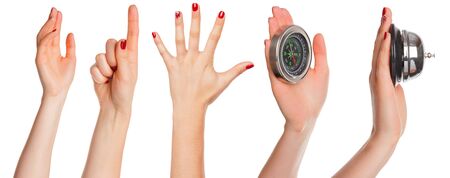 Multiple images set of female caucasian hand with objects isolated over white background. creative photo.の写真素材