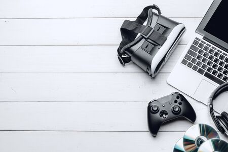 gamer workspace concept, top view. creative photo.