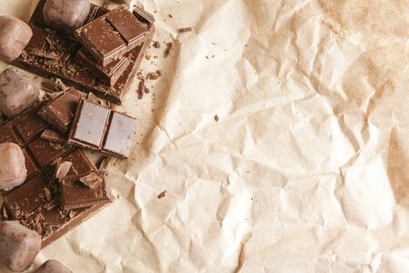 Dark chocolate stack. top view. Creative photo.