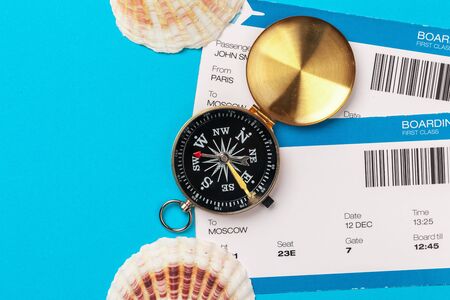 Time to Travel. Idea for tourism with tickets and compass. creative photo.の写真素材