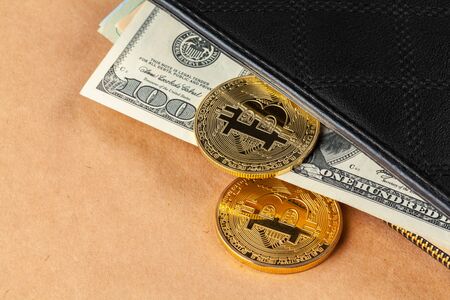Digital crypto currency gold bitcoin and American dollars.