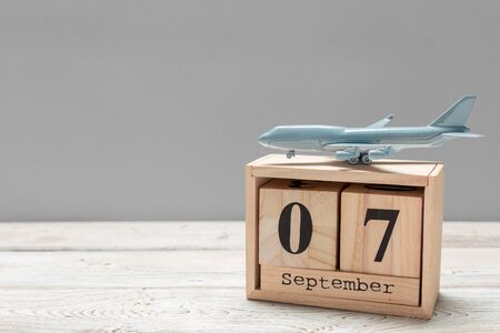 September 7th. Image of september 7 wooden color calendar on wooden background. Autumn day. Empty space for textの写真素材