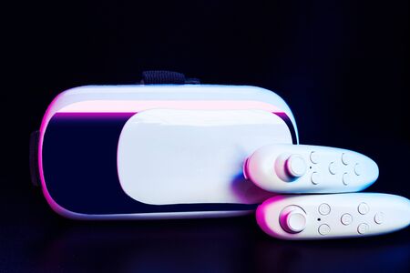 VR. Virtual Reality equipment on the table. creative photo.