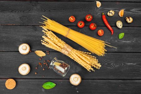 Top view of raw Italian pasta. creative photo.の写真素材