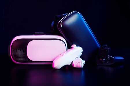 VR. Virtual Reality equipment on the table. creative photo.