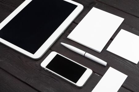 Blank stationery set on wood background paper, business cards, booklet, sheets, etc