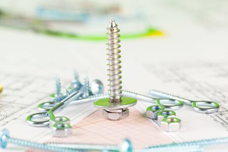 Technical drawings of bolt and nut. Engineering, technology and metalworking. creative photo.
