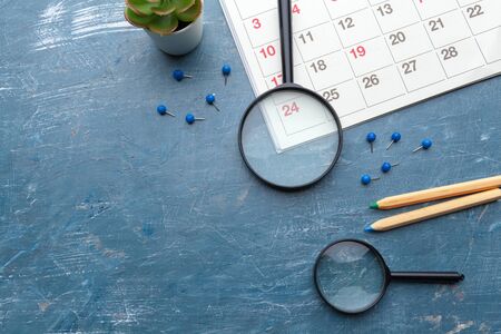 surface of the table. Minimalistic work place. Flat lay, copy space. creative photo.の写真素材