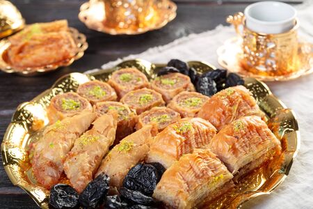 Baklava pastry dessert. Traditional turkish dessert. creative photo.の写真素材